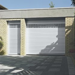 White garage door and side door shutter to match with vented slats